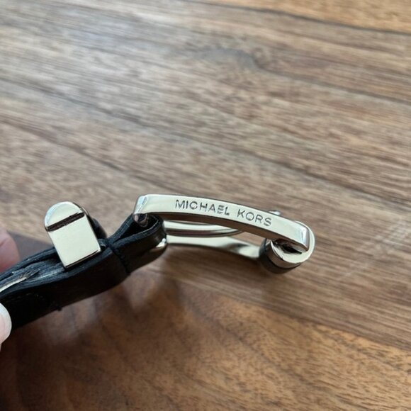 MICHAEL KORS Black Braided Leather Belt Silver Tone Buckle Adjustable Business